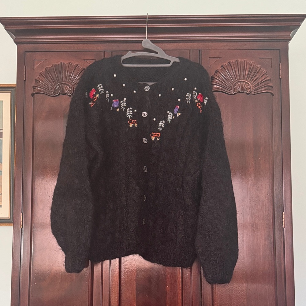 Embroidered Black mohair cardigan